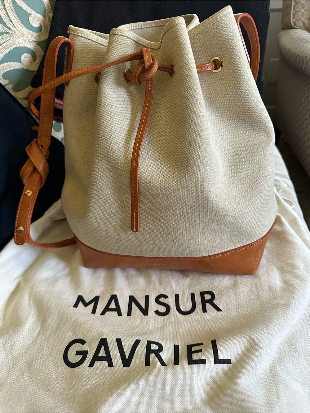 Mansur Gavriel Canvas Bucket Bag in Cream and Tan Leather
